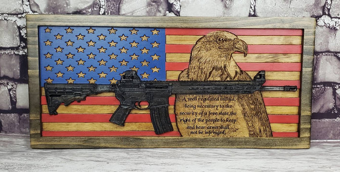 Painted American Flag With AR-15 Rifle, Eagle, & Second Amendment